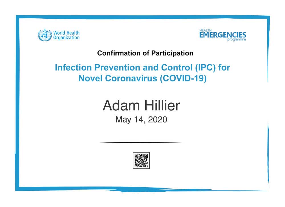 Adam Hillier Certificate